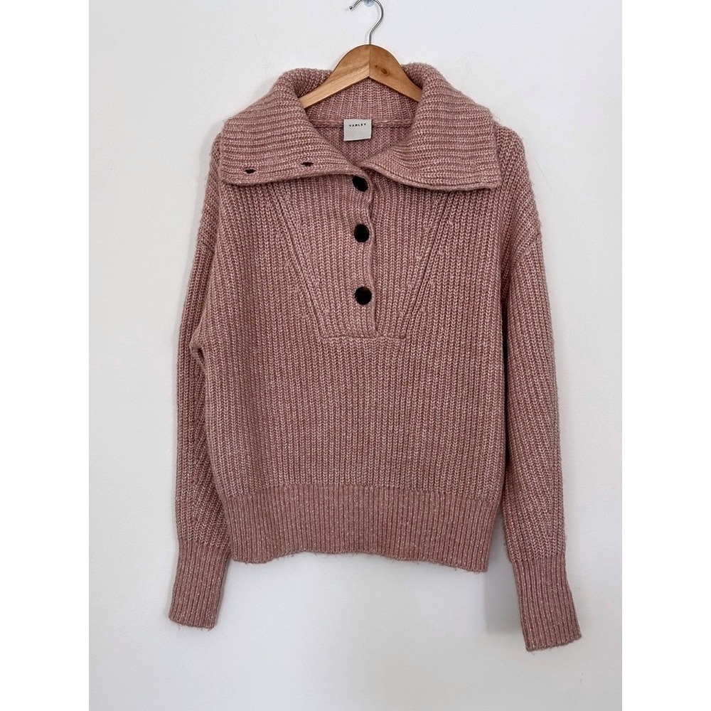 Varley Knit Sweater Pink Small Peverel Button Placket Ribbed Wool Blend Cozy